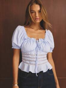 Aralina Women's Casual Elegant Puff Sleeve Lace Top With Frill Perfect For Going Out Christmas New Years And Thanksgiving - Baby Blue - View 1