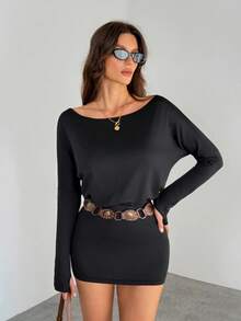 SHEIN Tall Vestido corto de manga larga y unicolor sexy y de moda para mujer - Negro - Ver 5