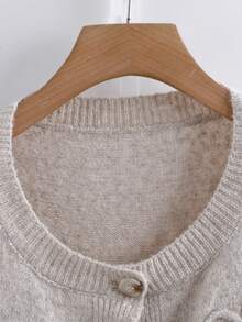 SHEIN CURVE+ 大码女式V领长袖蝴蝶结针织毛衣，秋冬季休闲风格 - 杏色 - 查看 4