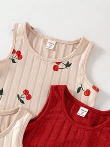 3pcs Young Girl Ribbed Cherry Print Curved Hem Fashion Top Set Cute Kids Tops Cherry Print Top Red Ribbed Top - Multicolor - View 5