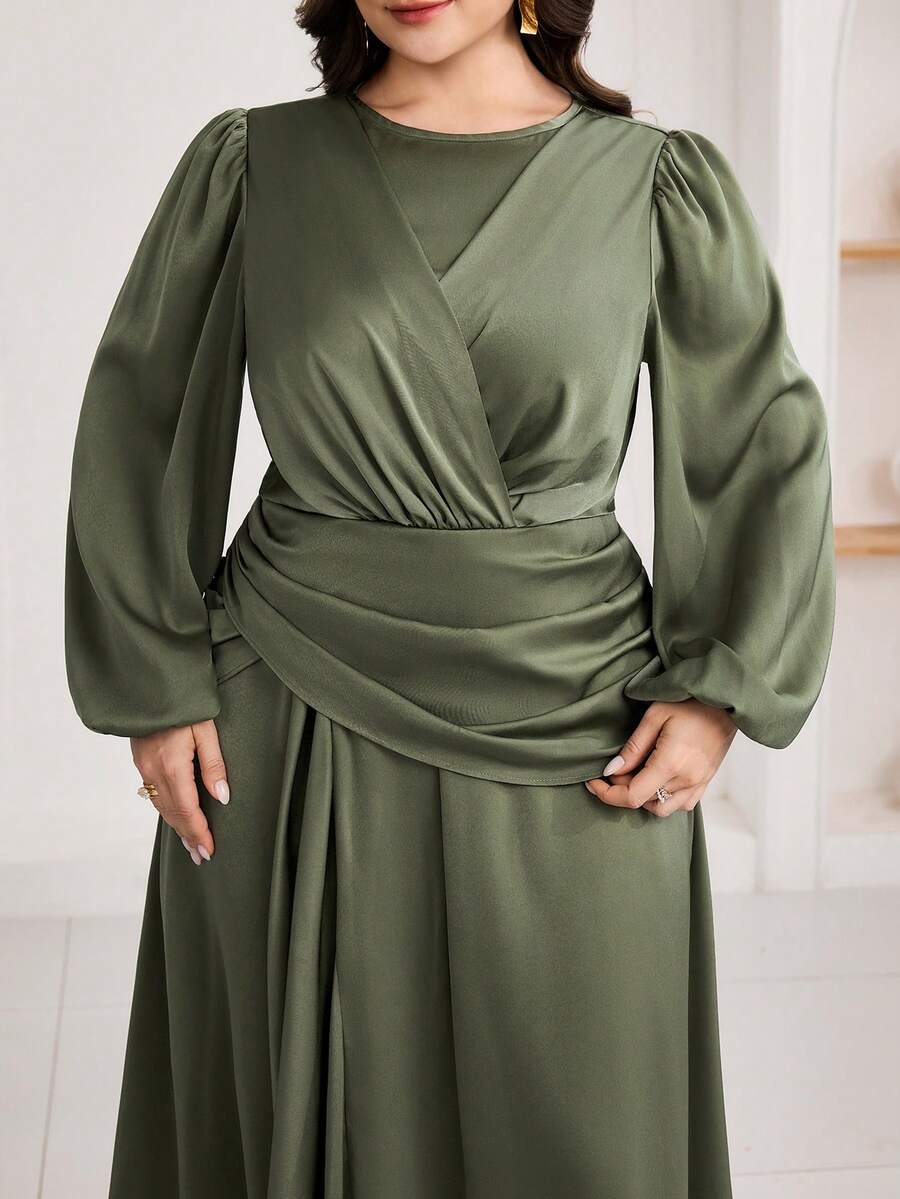 Veilorie Vestido árabe elegante e plissado de cor sólida, tamanho grande, para mulheres. - Verde escuro - Ver 1