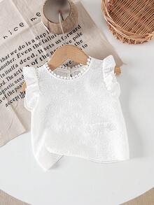 SHEIN Playful Pals 女婴新款柔软时尚复古纹理上衣，舒适优雅的设计，适合室内外活动，春夏款 - 白色 - 查看 5