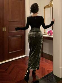 DAZY Elegante abito midi in velluto nero con fibbia colore a blocchi nero e verde, adatto per Capodanno, Natale, matrimonio, festa, occasioni formali. Abito aderente e scintillante da donna per il carnevale. - nero - Visualizzare 5