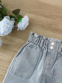 Young Girls Jeans, Tapered Leg Denim Pants, Light Wash Floral Embroidered Waistband, Cute Daisy Embroidery, Casual Loose Fit, Elastic Waist, Suitable For School, Party, Daily Wear, Travel, Autumn - Light Wash - View 5