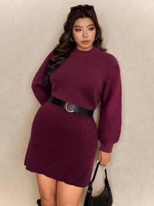 Elaquor Plus Size Women Casual Solid Color Long Sleeve Sweater Dress, Autumn/Winter - Burgundy - View 4