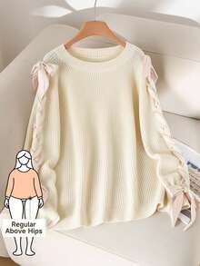 CosyJoli Áo len dệt kim cổ tròn tay rút dây cỡ lớn dành cho nữ, mùa thu/đông - Vàng nhạt - Xem 1