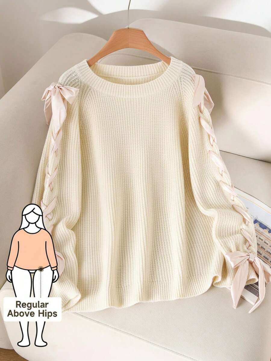 CosyJoli Áo len dệt kim cổ tròn tay rút dây cỡ lớn dành cho nữ, mùa thu/đông - Vàng nhạt - Xem 1