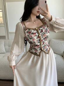 Feyla Đầm dự tiệc ngày lễ đơn giản, họa tiết chắp vá màu tương phản phong cách cổ điển mới, ôm vừa vặn ở eo - Nhiều màu - Xem 3