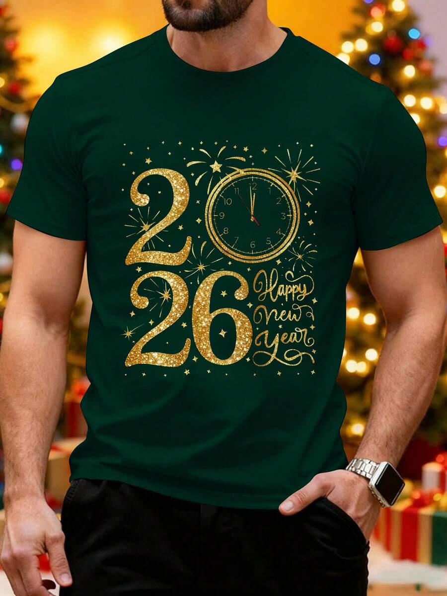 Manfinity Homme Kaos Pria Lengan Pendek Kasual Leher Bulat dengan Motif Grafis Tahun Baru 2026 - Dark Green - View 1