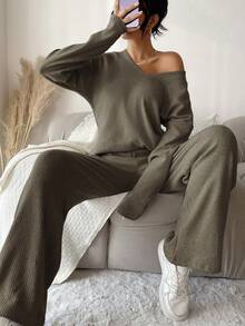 EURMUSE Solid Drop Shoulder Tee & Pants - Khaki - View 3