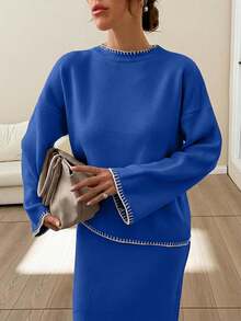 EURMUSE Women Stitch Detailed Round Neck Drop Shoulder Pullover & Sweater Skirt Set - Royal Blue - View 7