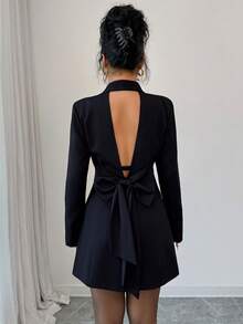 Rafferiza Váy đi làm thanh lịch dành cho nữ với họa tiết nơ rỗng và nút cài hai hàng khuy - màu đen - Xem 2