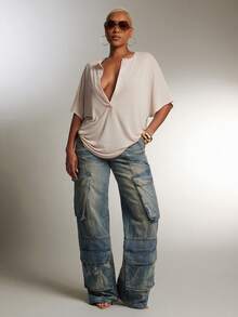 Denimoi 半透明深V领翻领宽松上衣 时尚街头风性感上衣 宽松Polo衫 - 杏色 - 查看 3