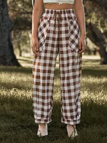 WESTFADE 宽松格纹抽绳高腰低帮九分宽松筒裤，适合秋季、冬季穿着，可爱休闲，带有格子图案，西部风情，波西米亚风，纳什维尔牛仔风，适合假日、圣诞节、新年等场合。 - 卡其色 - 查看 3