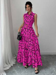 Elenzga New V-Neck Graphic Print Button Sleeveless Tie Waist Slim Fit Dress For Women - Hot Pink - View 7