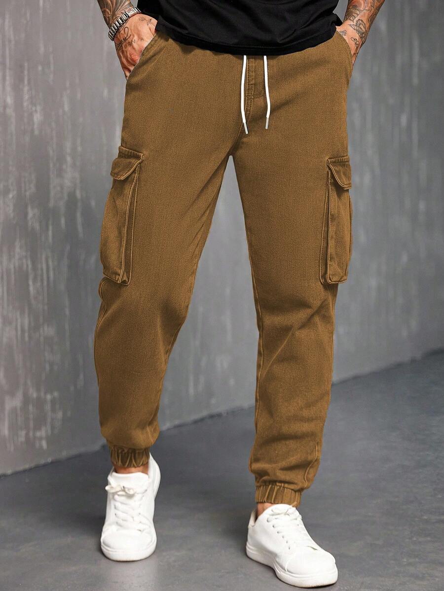 Manfinity Homme Men's Pocket Drawstring Waist Casual Workwear Versatile Daily Commute Jeans - Khaki - View 1