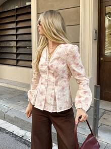 Serisse Women's Elegant Floral Pink Shirt,Contrast Lace Single-Breasted Long Sleeve Blouse,Beige Autumn Vintage Brunch Top,Business Casual Office,Old Money - Multicolor - View 4