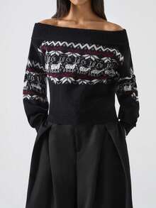 LYSMO 2025 Women's Deer Pattern Off-Shoulder Sweater,Black N White Fair Isle Christmas Pullover Jumper,Vintage Autumn Long Sleeve Fashionable Family Tops - Black - View 1