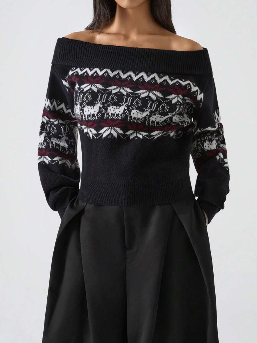 LYSMO 2025 Women's Deer Pattern Off-Shoulder Sweater,Black N White Fair Isle Christmas Pullover Jumper,Vintage Autumn Long Sleeve Fashionable Family Tops - Black - View 1