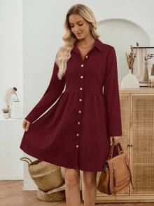 EMERY ROSE Women's Casual Commuter Solid Color Front Button Short Dress Women Long Sleeve Dress Solid Color Dress Button Dress Wine Dress - Burgundy - View 6