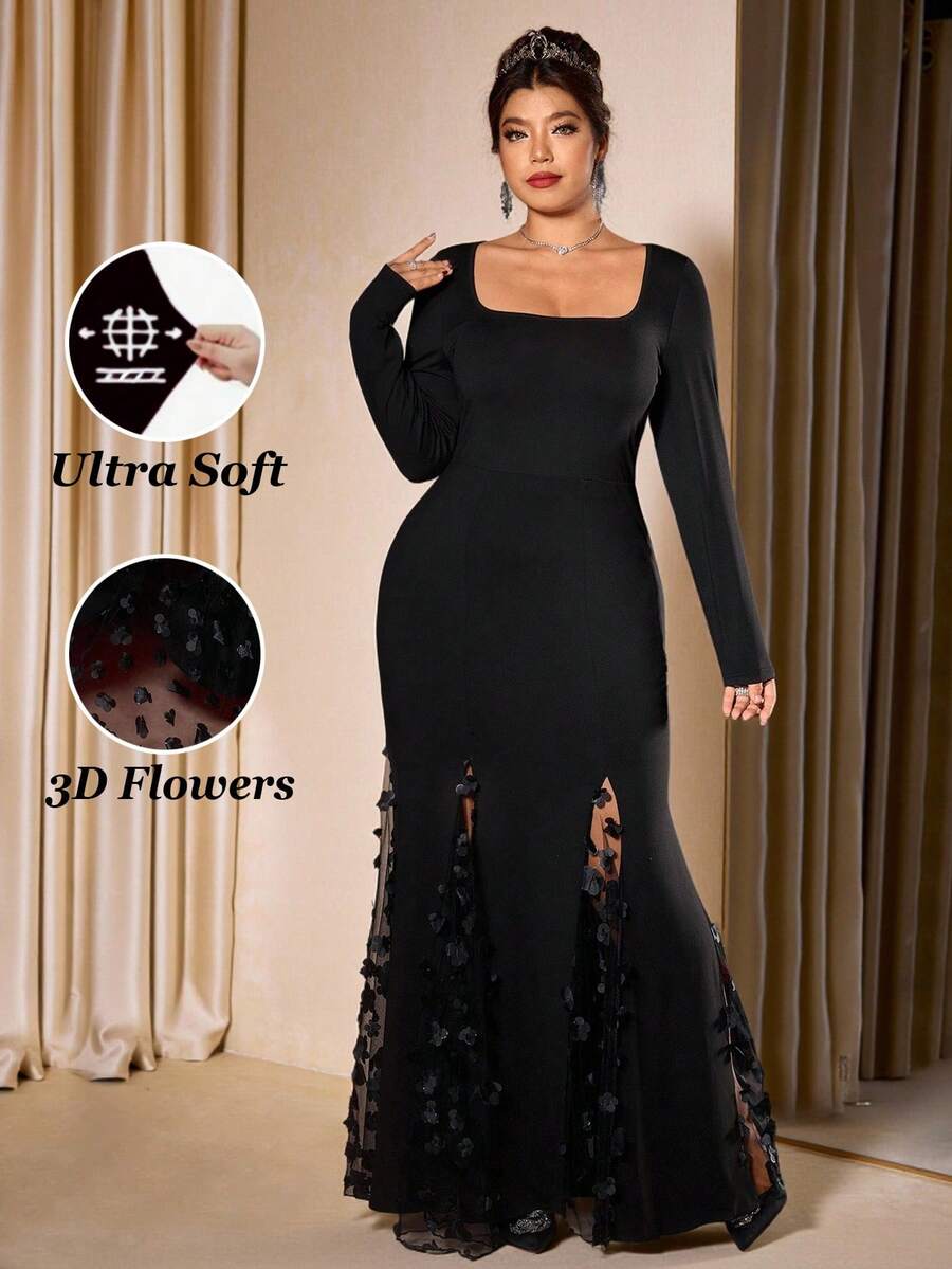Cravure 大码女式时尚、优雅、浪漫、奢华派对3D提花网纱饰边修身连衣裙 - 黑色 - 查看 1
