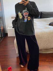 DAZY 抽象印花上衣和天鹅绒宽松裤女士睡衣套装 - 深灰色 - 查看 7