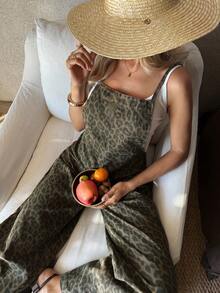 EMERY ROSE 女士豹纹阔腿宽松休闲百搭牛仔连体裤 - 藍色 - 查看 8