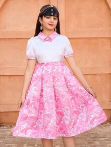 SHEIN Vestido de niña con parches florales dulces, atuendo para fiestas y reuniones de primavera/verano, elementos florales que presentan un ambiente alegre y adecuado para festivales y eventos familiares - Rosa - Ver 7