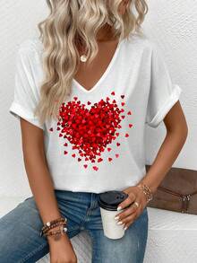 EMERY ROSE Áo thun tay ngắn cổ chữ V họa tiết trái tim mới dành cho nữ, mùa xuân/hè - trắng - Xem 3