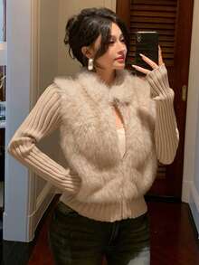 DAZY Áo khoác cardigan nữ 2 trong 1 chắp vá thanh lịch, Thu/Đông - Màu be - Xem 10