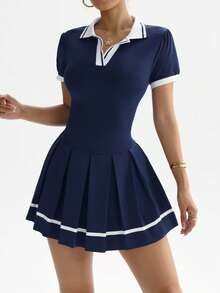 Dewbera 女式撞色绑带V领短袖褶边瑜伽运动连衣裙（含紧身裤） - 藏蓝色 - 查看 7