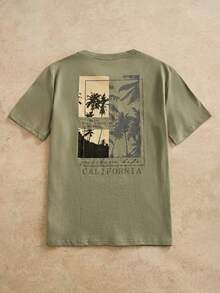 HIMLAND Men's Casual Coconut Tree Graphic Print Slim Fit Short Sleeve T-Shirt, Suitable For Everyday Wear, Summer - Green - View 7