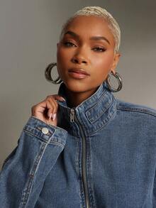 Denimoi 松紧腰带调节扣高领拉链短款牛仔夹克 - 中等水洗藍 - 查看 3