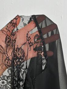 Whyspr Đầm in họa tiết ren chắp vá gợi cảm tay dài cổ chữ V thời trang - màu đen - Xem 7