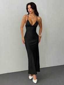 SHEIN PETITE Váy maxi dài bằng vải satin buộc lưng, cổ chữ V sâu, màu trơn, dây mảnh, không tay, dành cho nữ, váy thanh lịch, váy đi nghỉ, váy phù dâu, váy dự tiệc sinh nhật, váy trở lại trường/tốt nghiệp, váy maxi trắng - màu đen - Xem 6