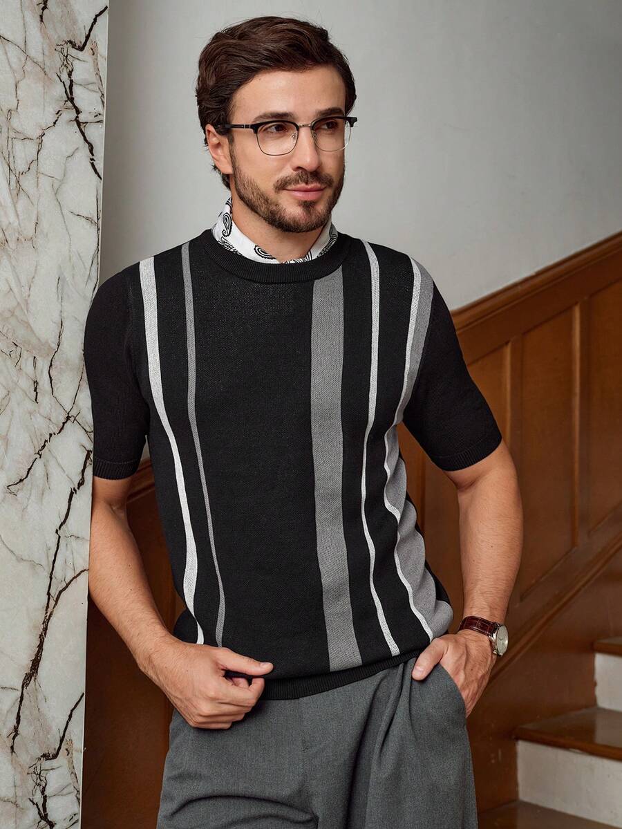 Manfinity CityGents Camisa masculina de malha de manga curta com listras contrastantes - Multicolorido - Ver 1