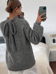 DAZY Women's Casual Loose Fit Bow Tie Pullover Sweater, All-Match & Versatile, Suitable For Spring & Winter - Grey - View 6