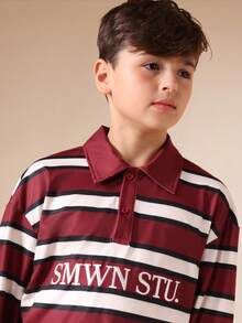 SUMWON Boys Long Sleeve Striped Rugby Polo Shirt With Collegiate Text Print And Classic Collar For Casual School Wear Vacation - Multicolor - View 6