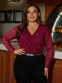 SHEIN Clasi Plus Size Sexy Applique Mesh V-Neck Long Sleeve Bodysuit, Autumn/Winter - Burgundy - View 3