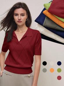 BizChic 2026春夏新款纯色不规则菱形Polo领短袖针织衫，时尚优雅，适合都市通勤、日常百搭，90年代复古风，圣诞新年必备，浪漫情人节派对、海滩毕业典礼、嘉年华、假日休闲简约风，适合婚礼宾客、主人、约会、派对、音乐会、早午餐、机场等多种场合。 - 紅色 - 查看 5
