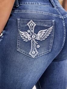 EMERY ROSE Plus Size Women's Slim Fit Flare Leg Embroidered Jeans Winter New Year - Medium Wash - View 6