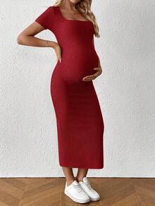 SHEIN Maternity Solid Color Square Neck Short Sleeve Ribbed Side Slit Hem Fitted Casual Dress - Red - View 5
