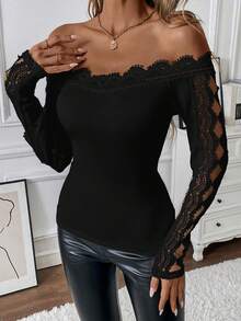 SHEIN PETITE 女士露肩花卉蕾丝镂空长袖T恤 - 黑色 - 查看 5