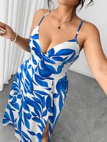 Elenzga 大码女装新款花卉印花扭结前系带腰身设计，下摆开衩，适合度假和约会 - 彩色 - 查看 3