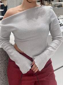 NegzBox Y2K Grunge 露肩不对称下摆 T 恤 - 淺灰色 - 查看 3