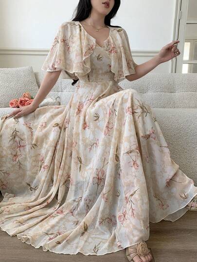 Modelyn 女士V领斗篷式收腰飘逸印花雪纺连衣裙