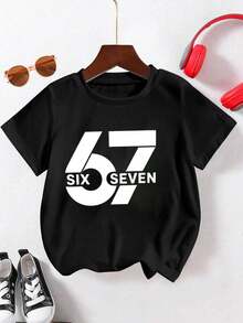 4-Season Versatile  Boys' Casual Fashion Creative Personalized Refreshing High-End Simple Colorful Digital 67 Lightning Graphic Letter Slogan Printed Relaxed Fit All-Match Short Sleeve T-Shirt, Comfortable Cozy Summer And Fall Styles Suitable For Tween Boys' Daily Casual Outfits - Black - View 3
