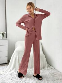 EURMUSE 2pcs Set Open Front Contrast Stitching Ribbed Pajama - Rusty Rose - View 5