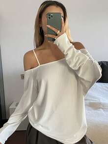 DAZY 女士纯色露肩长袖休闲宽松T恤 - 白色 - 查看 4