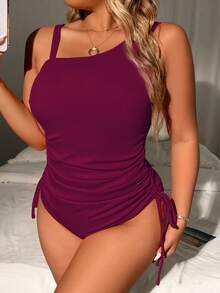 SHEIN Swim Curve 2件套加大码女式数码印花宽松无袖吊带泳衣，显瘦时尚 - 酒紅色 - 查看 3